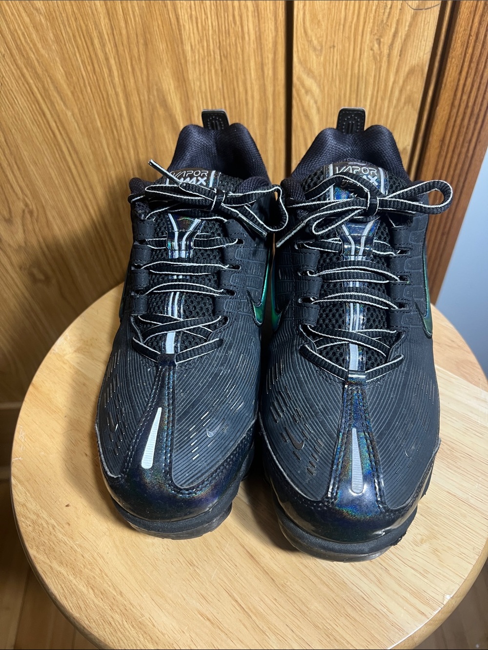 Nike Men’s Black Sneakers with Green Swoosh and Iridescent Sheen